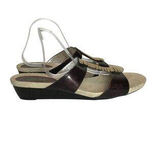 Ros Hommerson Brown Leather & Gold Wedge Slide Sandals Womens 11M